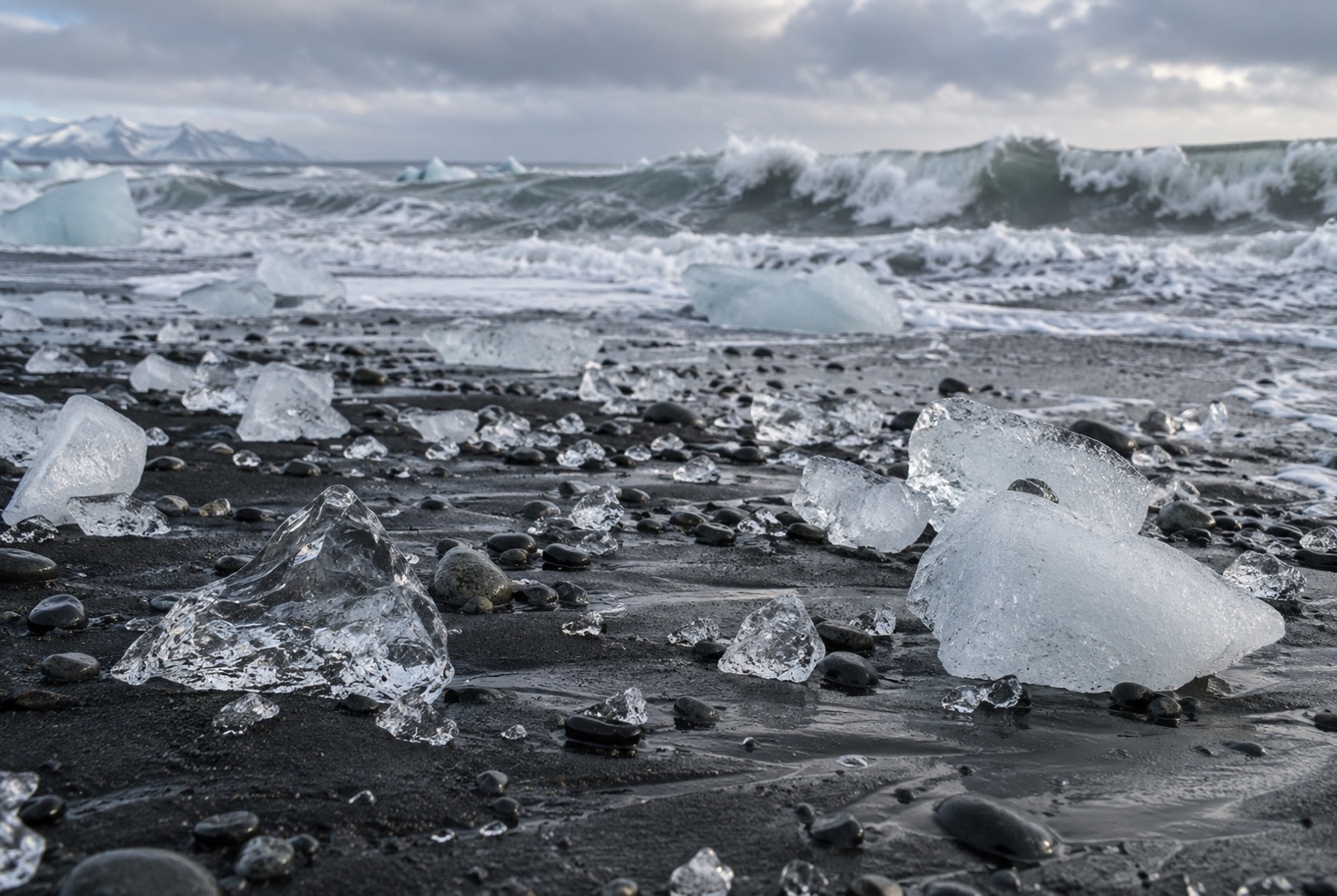 Ice fragments scattered across black volcanic sand at Diamond Beach with rough surf in the background