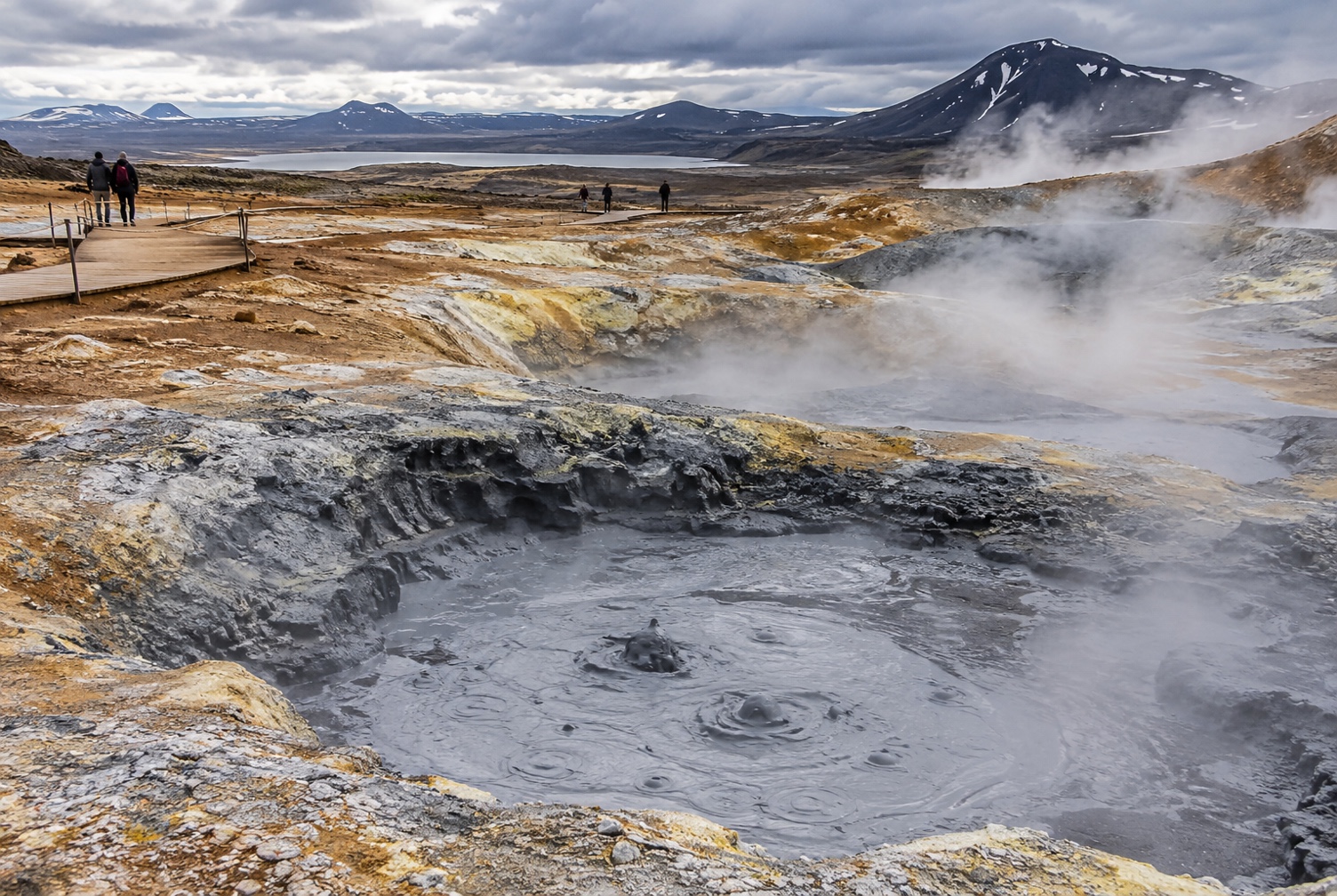 Hverir geothermal terrain with paths and people small for scale in the Northeast