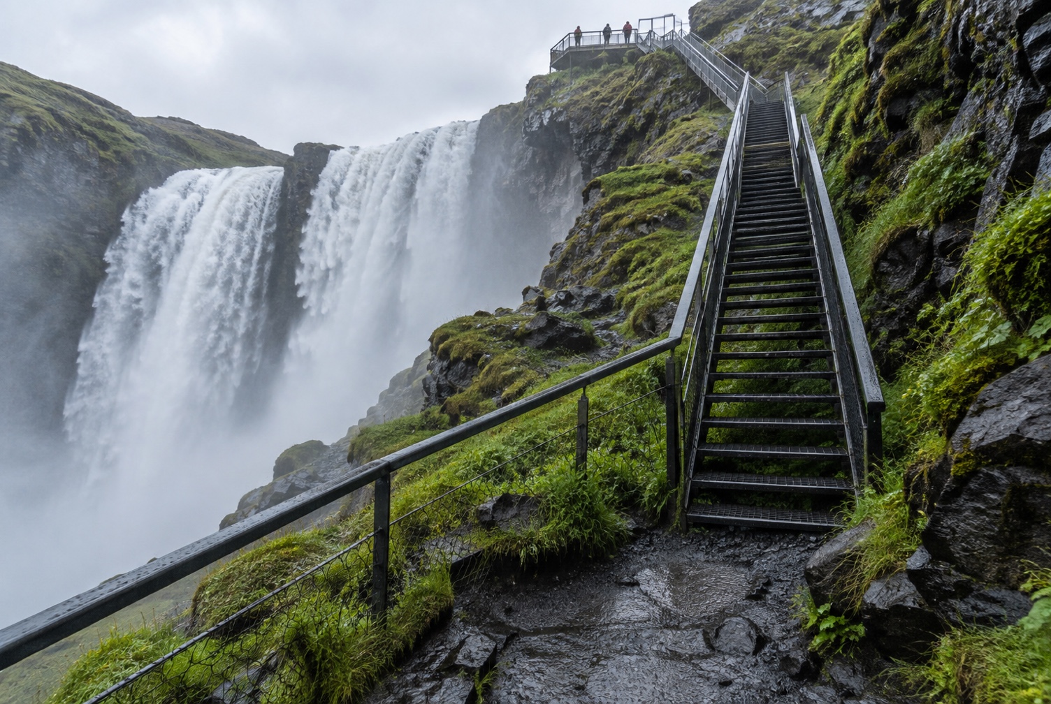 Side view of the Skógafoss staircase and upper viewpoint approach