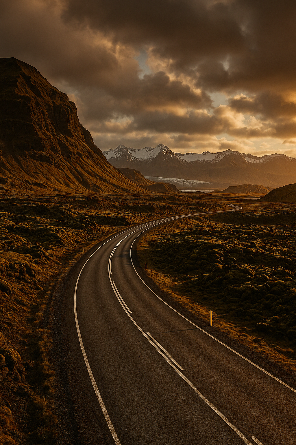 Route 1 curving through a moss-covered lava field at golden hour, snow-capped mountains and a glacier tongue on the horizon