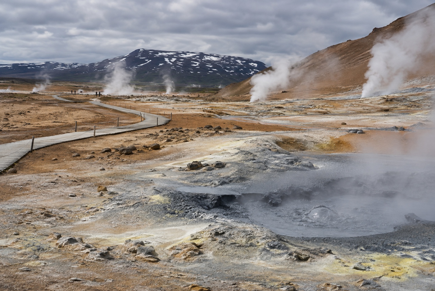Active geothermal field at Hverir photographed from the marked path with barriers visible