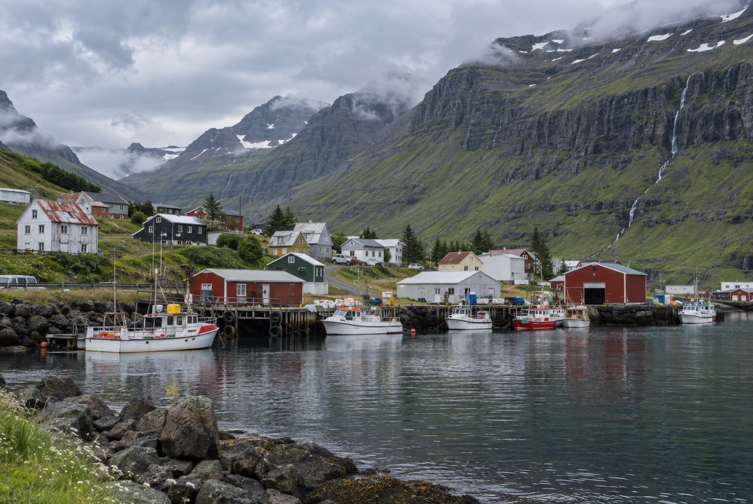 Small harbour settlement at the base of steep slopes in the East Fjords showing service scale