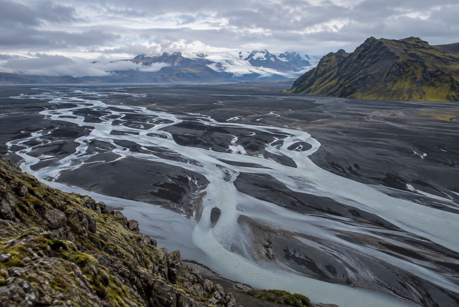 Braided glacial river channels viewed from a safe overlook in the Southeast